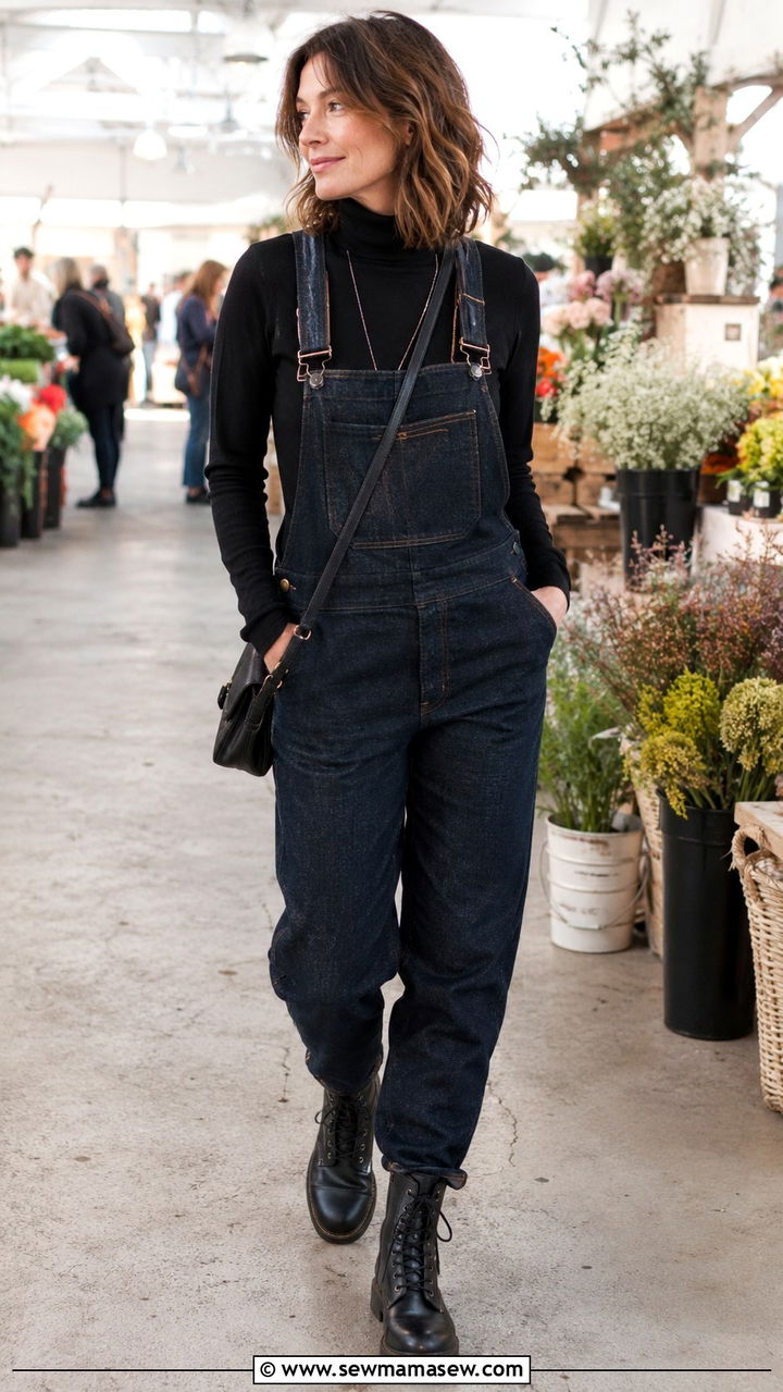 Turtleneck with overalls and combat boots - 30 Sweater outfit ideas for women over 40