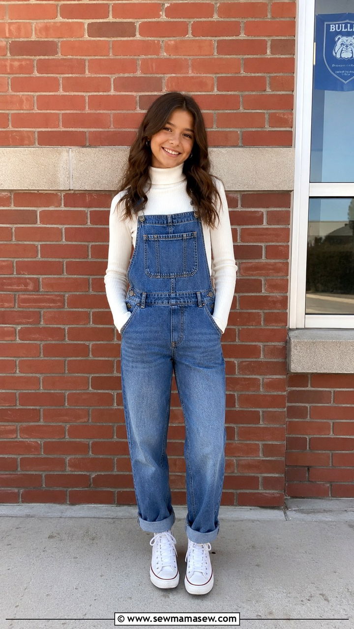 Turtleneck with overalls and sneakers - 30 Middle school picture day outfit ideas