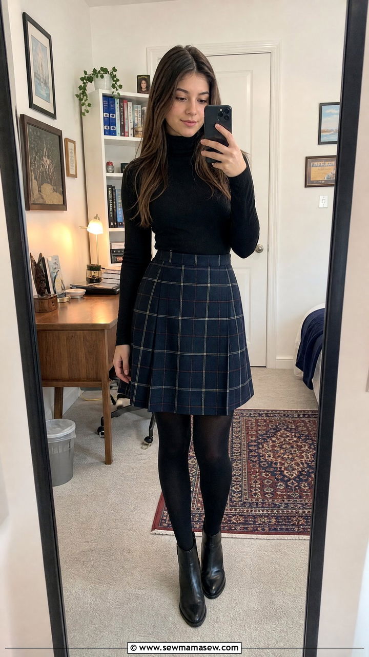 Turtleneck with plaid skirt and tights - 25 Catholic school outfit ideas teens