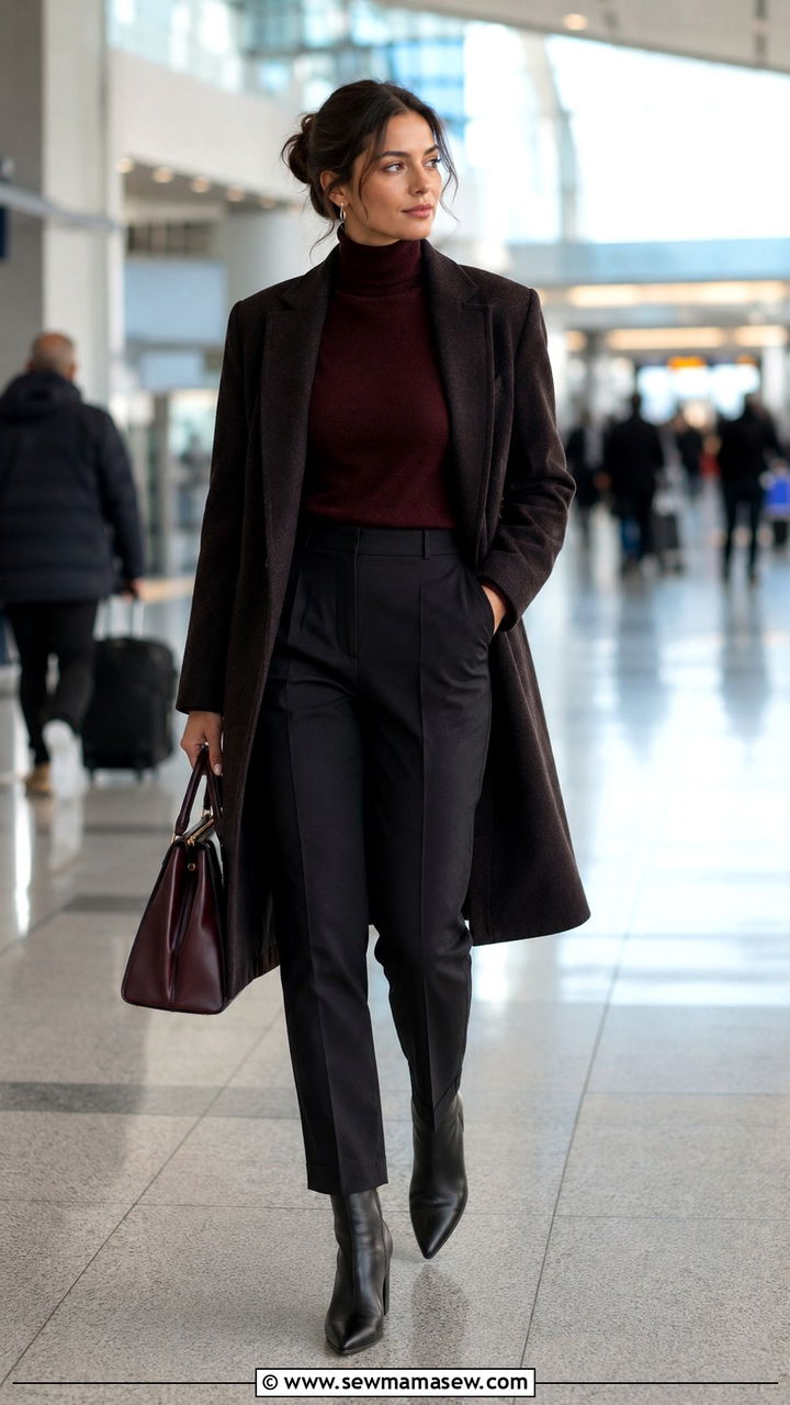 Turtleneck with tailored trousers and wool coat for winter flights - 25 seasonal airport outfit ideas