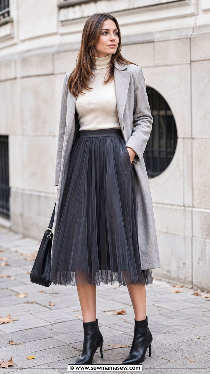 Turtleneck with tulle skirt and heeled boots - 25 Tulle skirt outfit ideas with heels