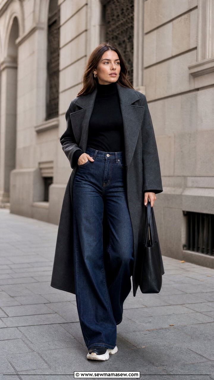 Turtleneck with wide leg jeans and chunky sneakers - 35 Jeans and sneakers outfit ideas over 40