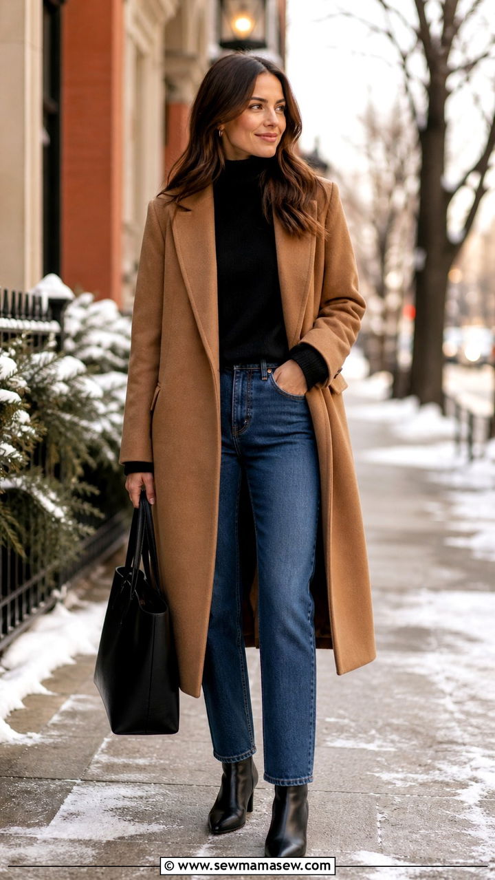 Turtleneck with wool coat and straight leg jeans - 40 trendy outfits