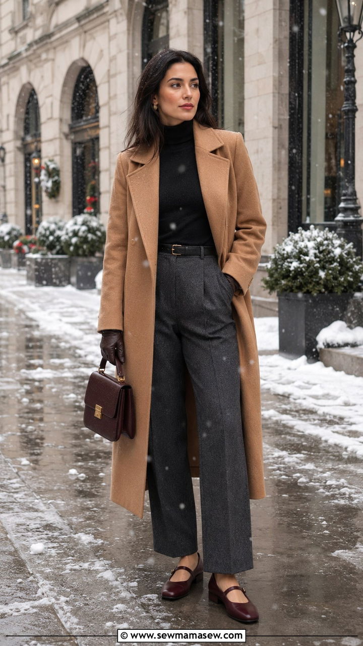 Turtleneck with wool trousers and long wool coat - 25 Old money outfit ideas with Mary Jane flats