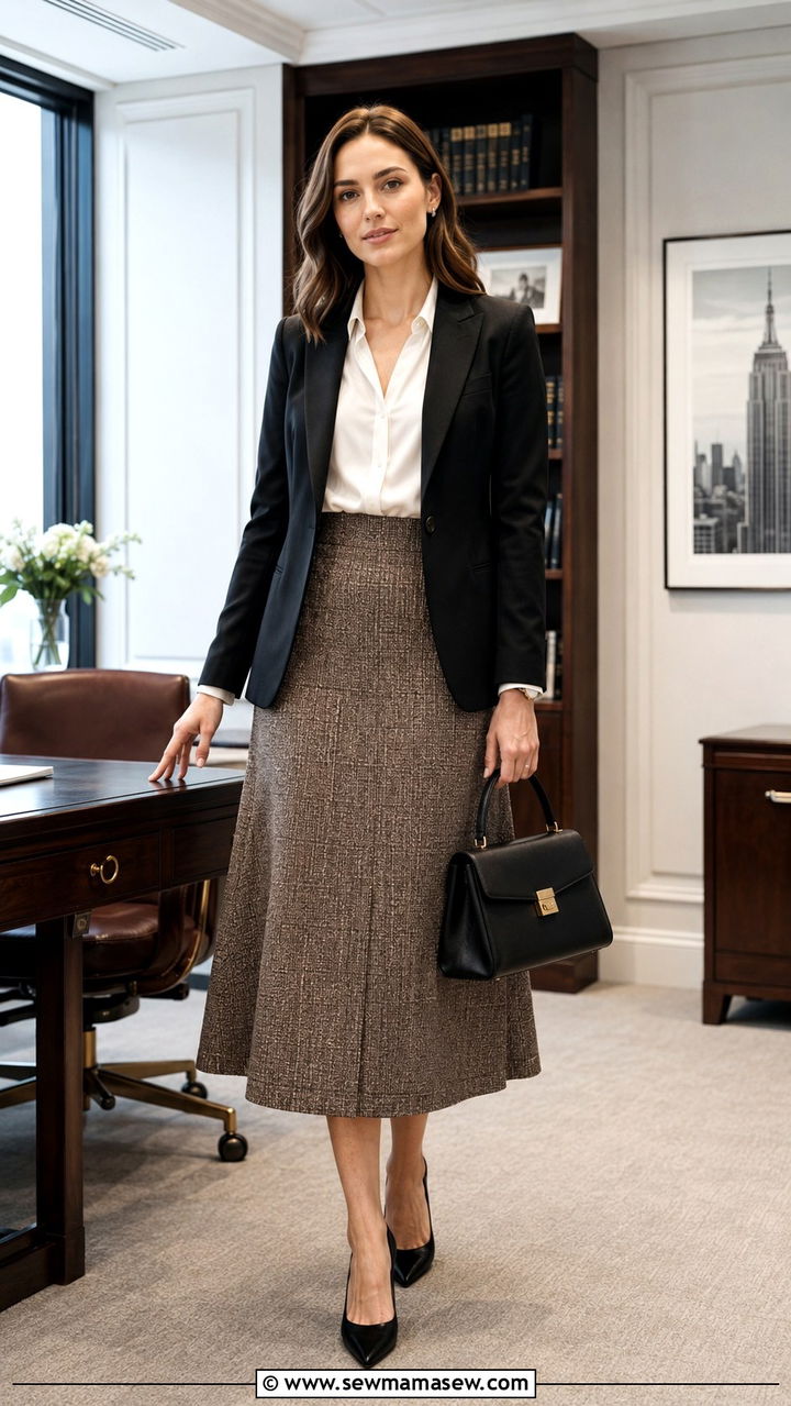 Tweed A Line Midi Skirt with White Silk Blouse - 30 Midi skirt outfit ideas for work