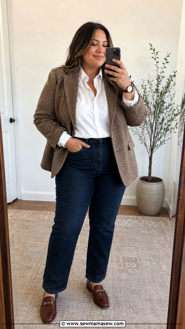 Tweed Blazer And Dark Wash Jeans Outfit For Plus Size Women - 25 Preppy outfits for curvy women