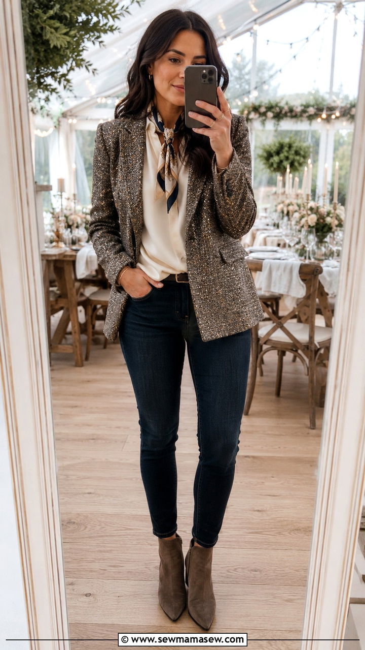 Tweed Blazer And Skinny Jeans - 30 Tent wedding guest outfit ideas