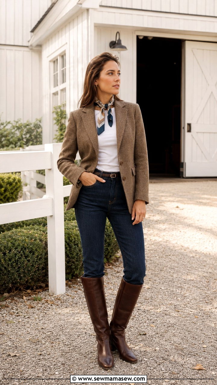 Tweed Blazer Dark Jeans Riding Boots Hamptons Outfit - 30 Old money outfit ideas for the Hamptons