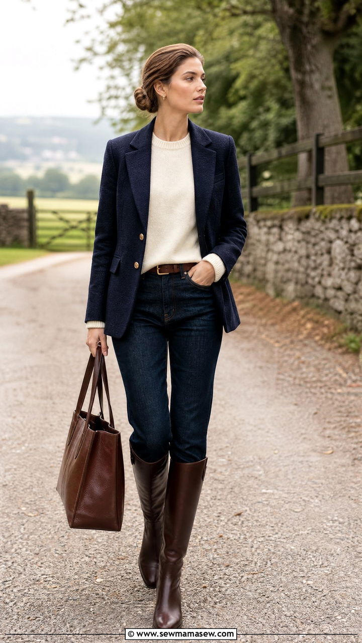 Tweed Blazer Outfit With Riding Boots And Jeans - 25 Old money outfit ideas equestrian