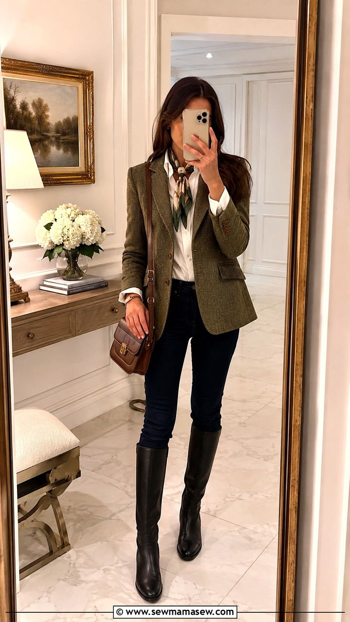 Tweed Blazer Outfit with Riding Boots - 25 Old money outfit ideas with riding boots