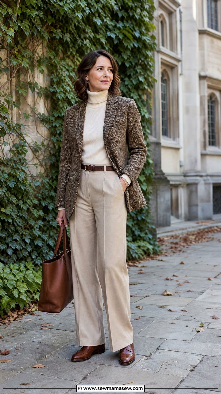 Tweed Blazer Outfit with Turtleneck and Wide Leg Trousers - 25 light academia outfit ideas for women over 40