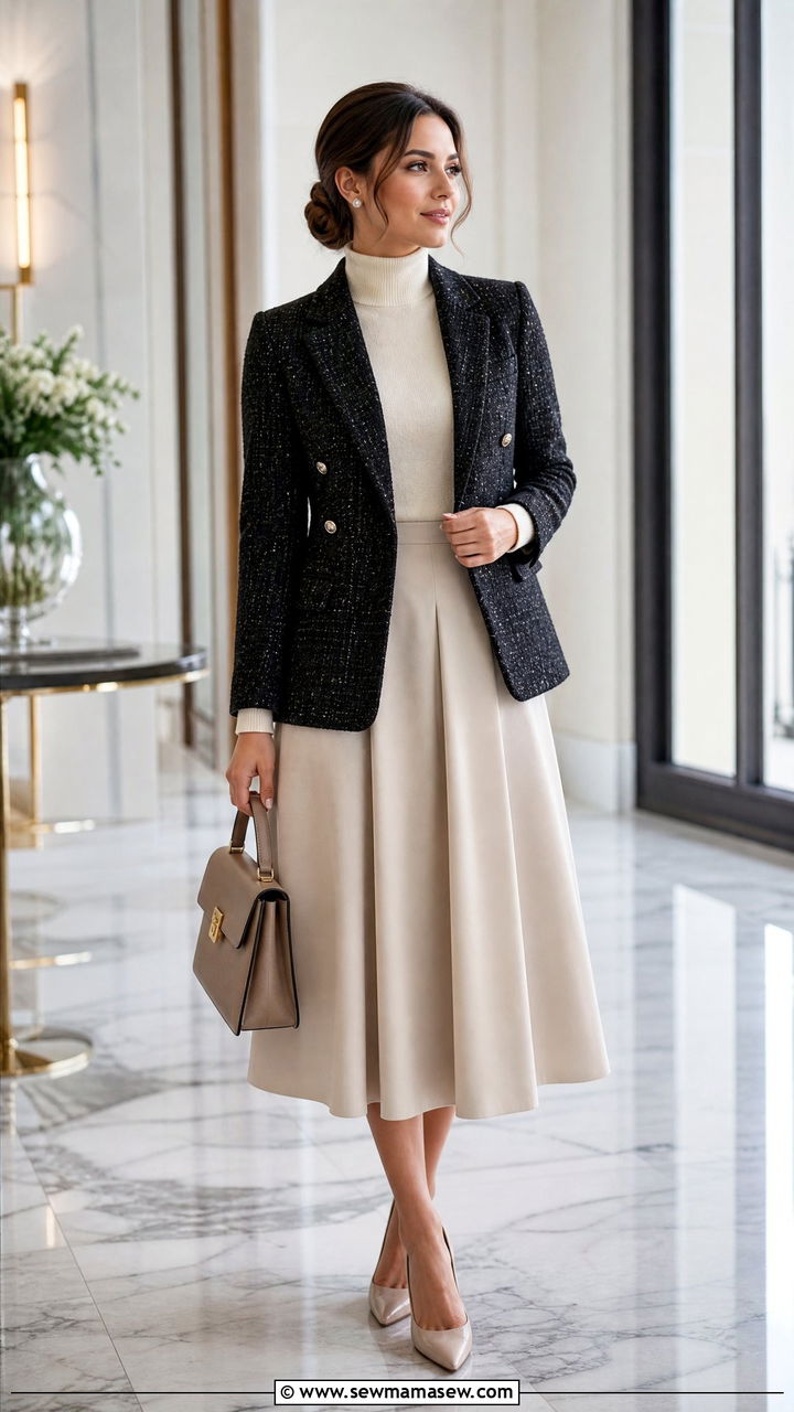 Tweed Blazer Over Turtleneck With Midi Skirt Outfit - 25 Modest outfit ideas layering hacks
