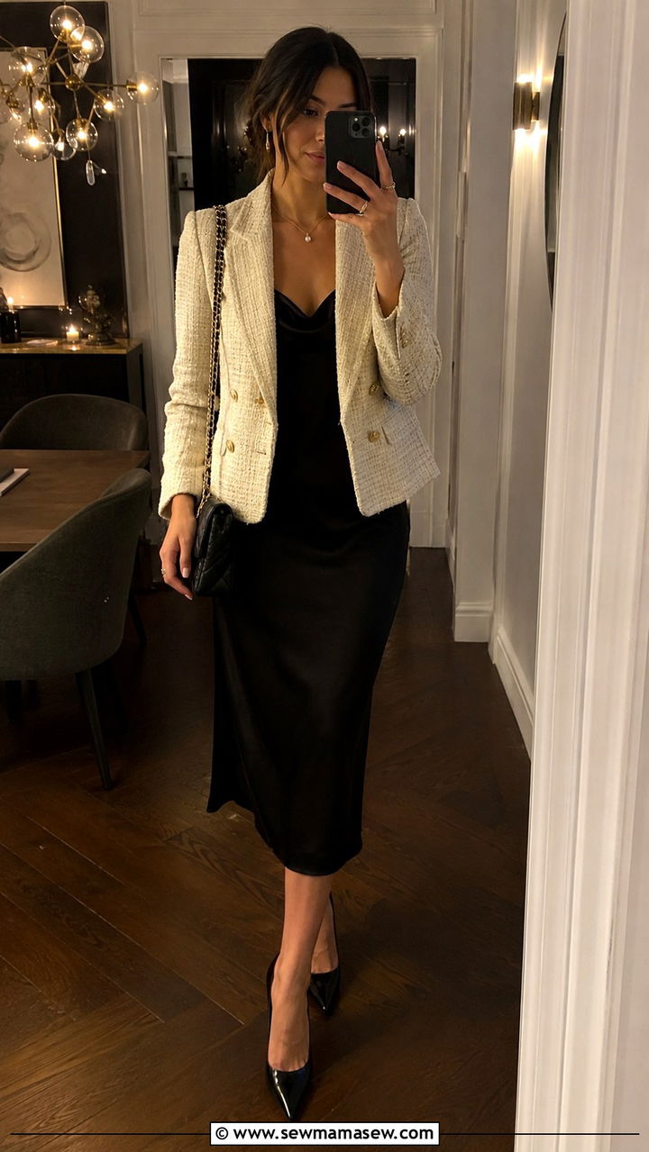 Tweed Blazer Over a Little Black Dress With Pointed Pumps - 25 Tweed blazer outfit ideas with heels