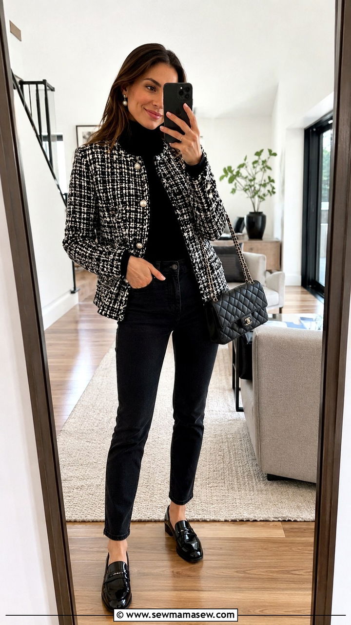 Tweed Blazer With Black Skinny Jeans And Patent Loafers Outfit - 30 casual glamoratti outfits