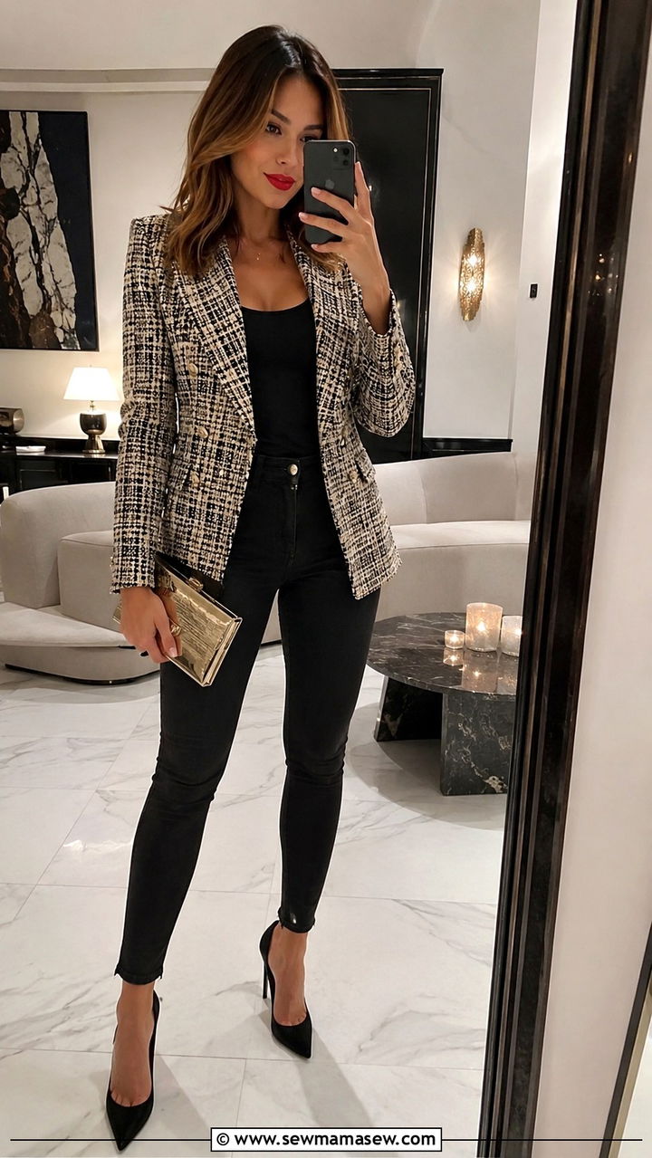 Tweed Blazer With Black Skinny Jeans and Stiletto Heels - 25 Tweed blazer outfit ideas with heels