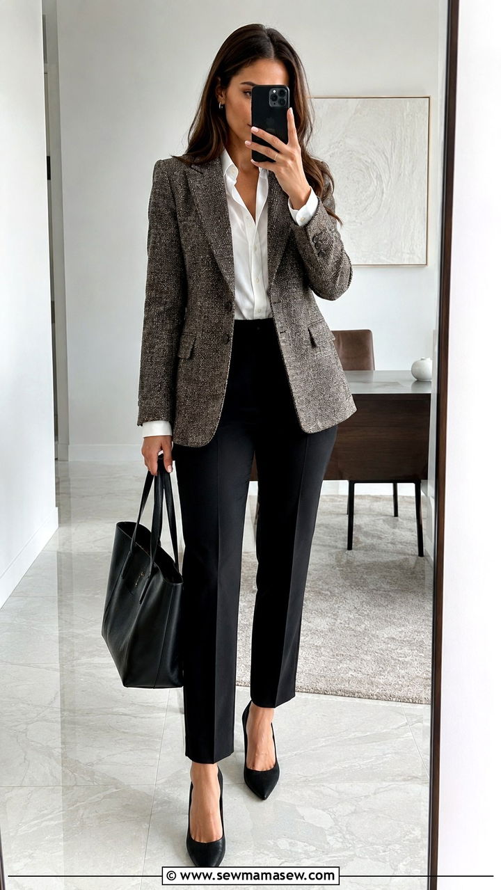 Tweed Blazer With Black Trousers and Classic Pumps - 25 Tweed blazer outfit ideas with heels