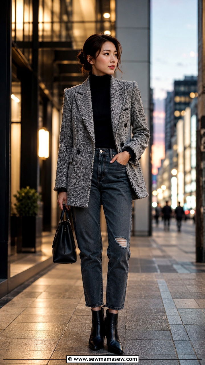 Tweed Blazer With Black Turtleneck And Distressed Jeans - 30 Tokyo vacation outfit ideas