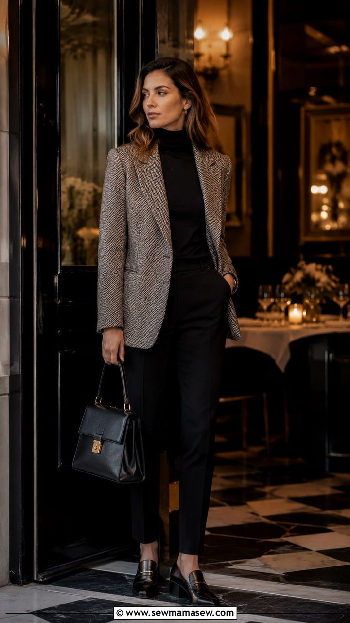 Tweed Blazer With Black Turtleneck And Slim Trousers - 30 preppy outfit ideas for women