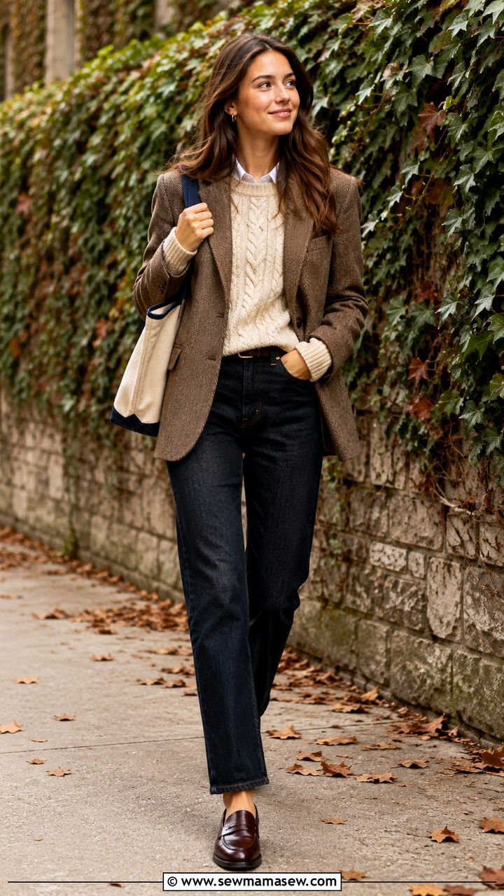 Tweed Blazer With Cable Knit Sweater And Jeans - 20 College outfit ideas preppy 2026