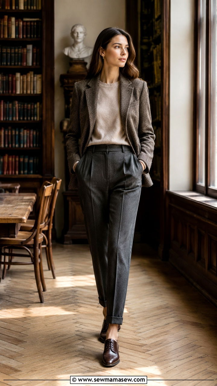 Tweed Blazer With Cashmere Sweater Tailored Trousers and Oxford Shoes - 30 transitional outfits aesthetic