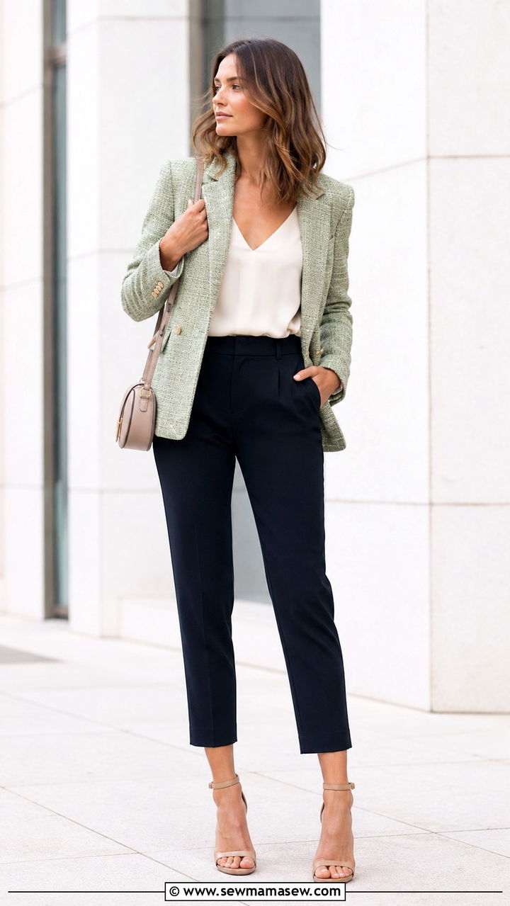 Tweed Blazer With Cropped Trousers and Ankle Strap Heels - 25 Tweed blazer outfit ideas with heels
