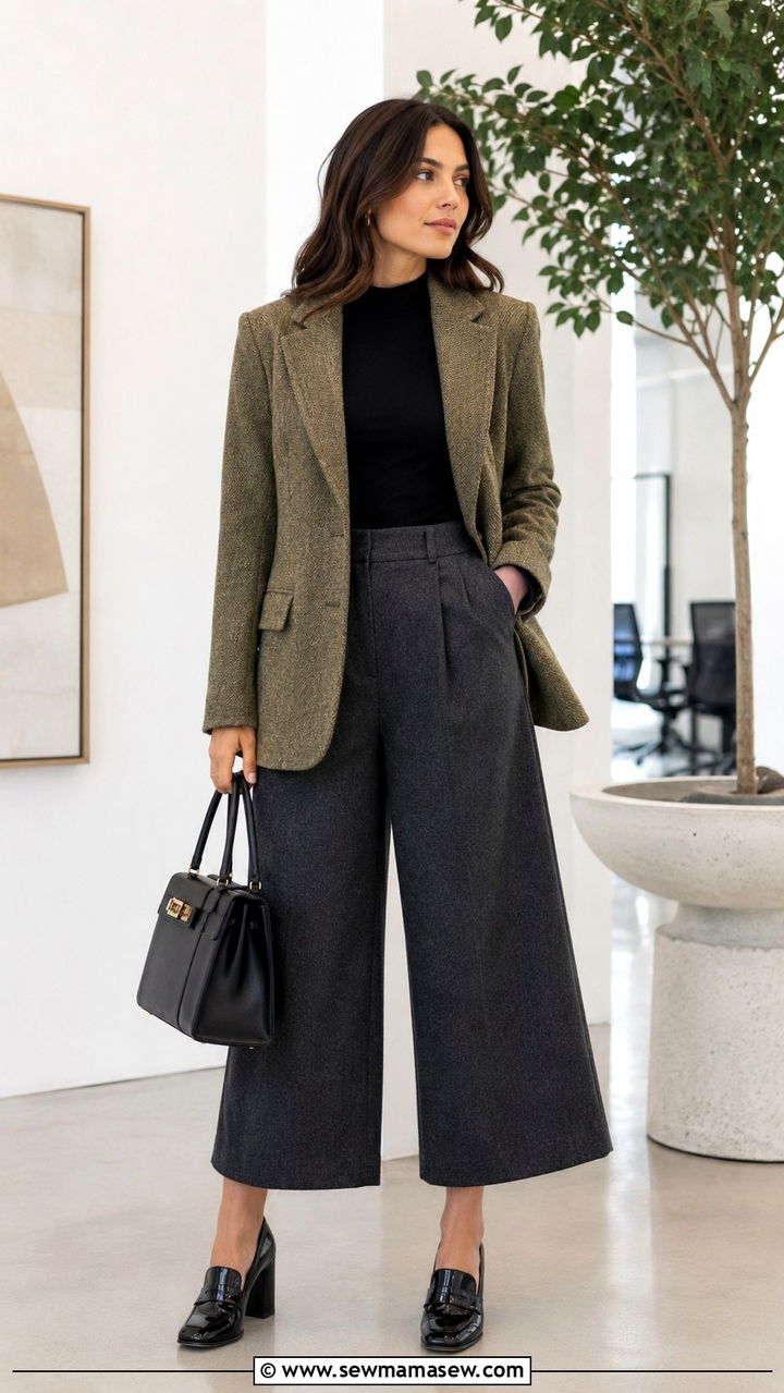 Tweed Blazer With Culottes and Heeled Loafers - 25 Tweed blazer outfit ideas with heels