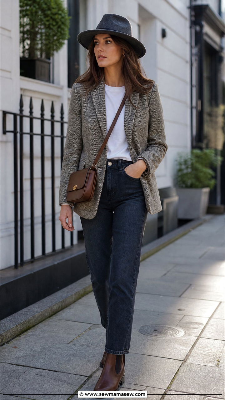 Tweed Blazer With Dark Denim Jeans And Wide Brim Wool Hat - 25 Old money outfit ideas with wide brim hat