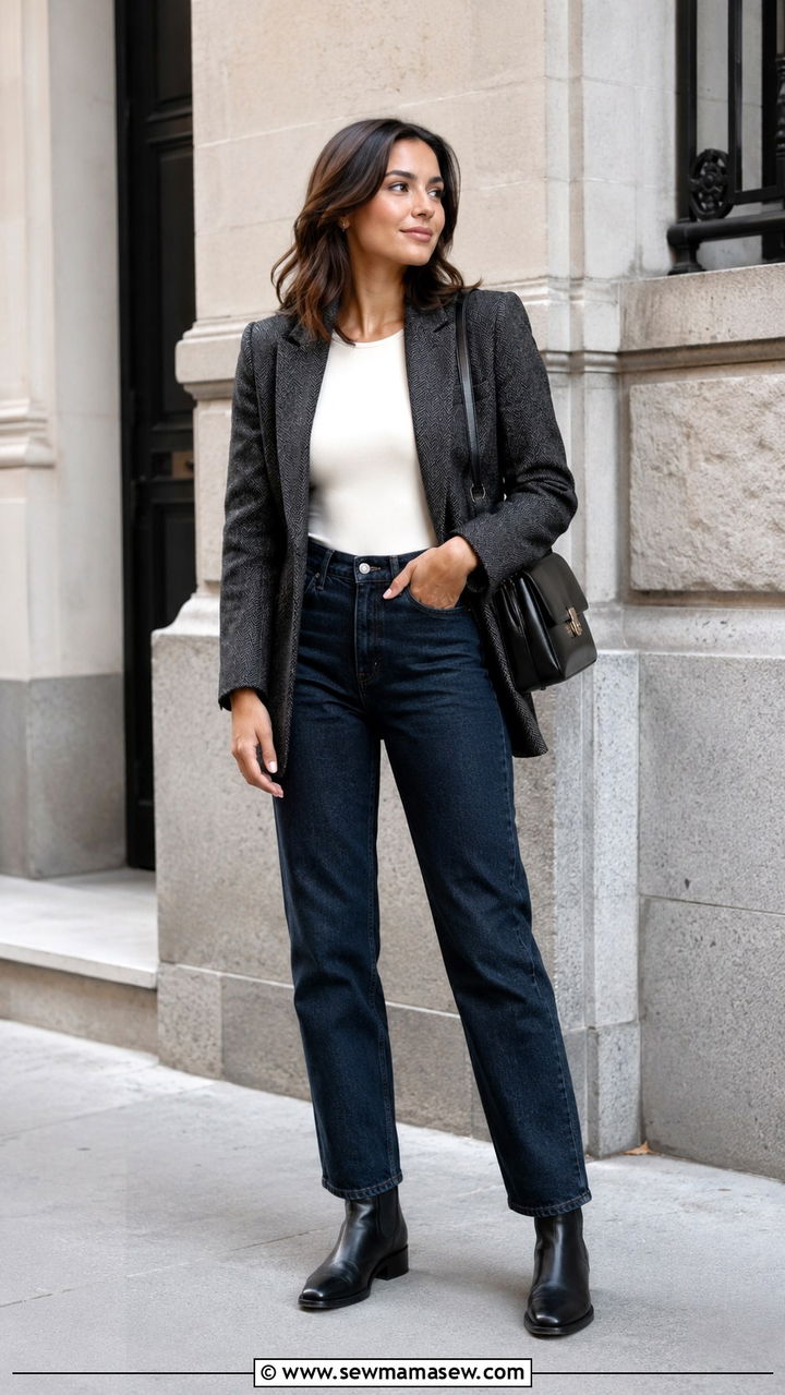 Tweed Blazer With Dark Wash Jeans And Chelsea Boots - 30 transitional neutral outfit ideas