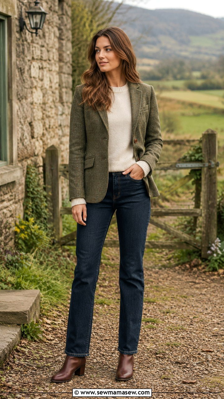 Tweed Blazer With Dark Wash Jeans and Leather Ankle Boots - 30 casual preppy outfits