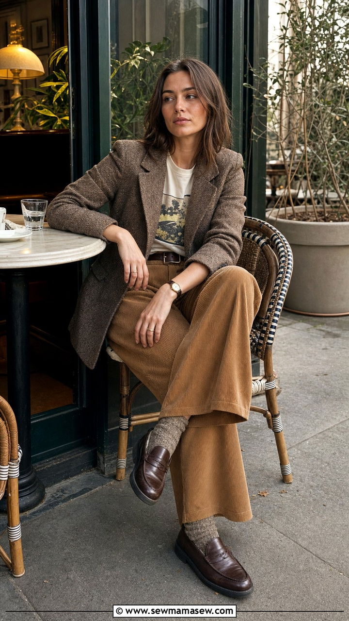 Tweed Blazer With Graphic Tee Wide Leg Corduroy Pants and Loafers - 25 Eclectic grandpa outfit ideas
