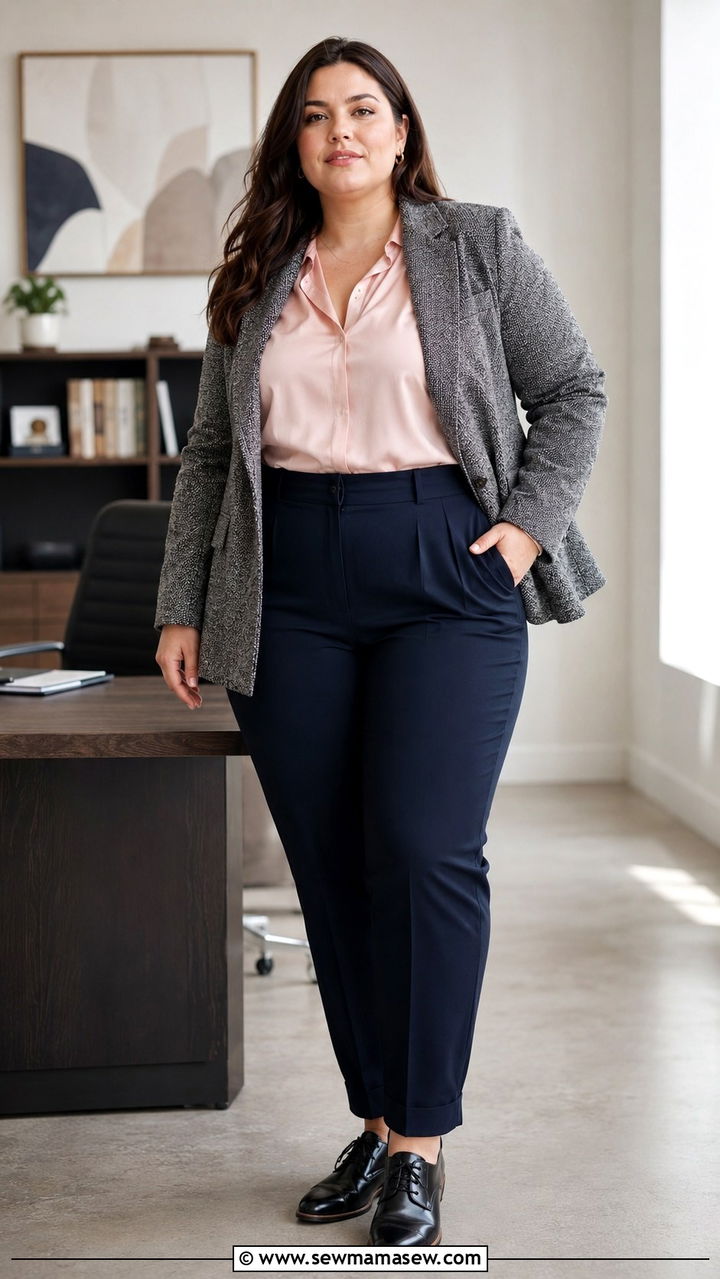 Tweed Blazer With High Waisted Trousers And Oxford Shoes - 30 Plus size office outfits