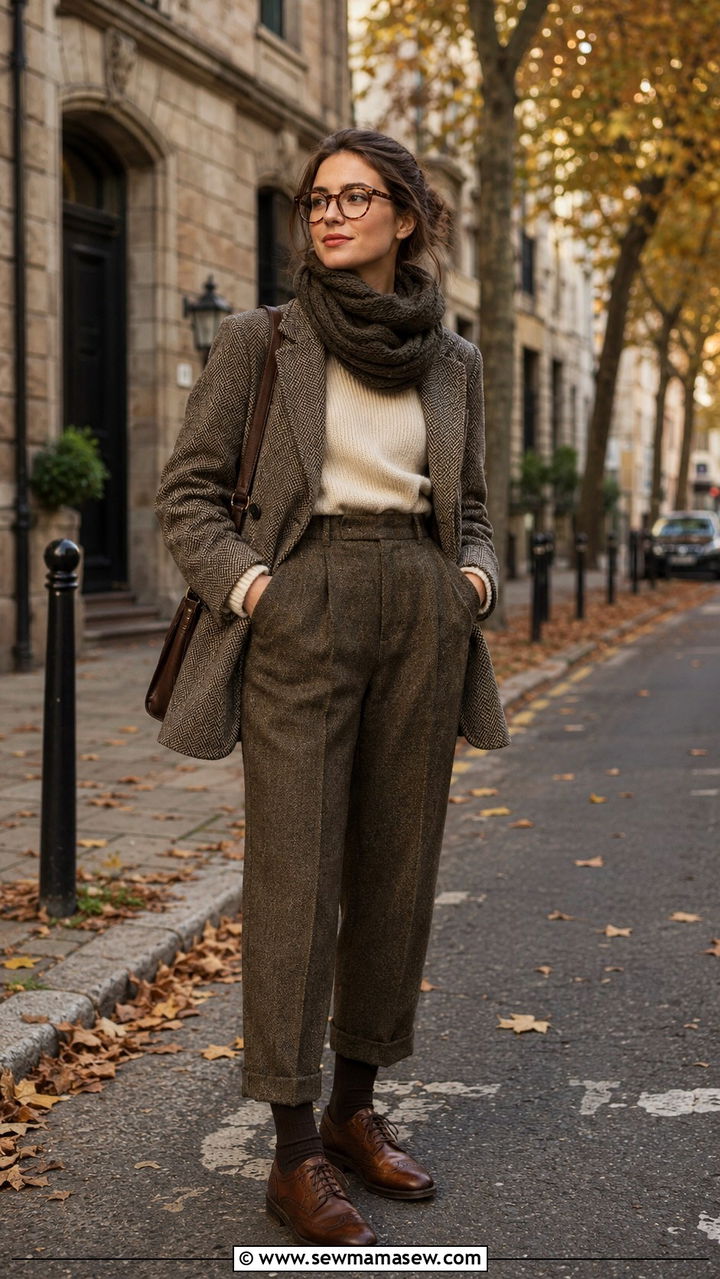 Tweed Blazer With High Waisted Wool Trousers and Chunky Scarf - 20 Eclectic grandpa outfit ideas women