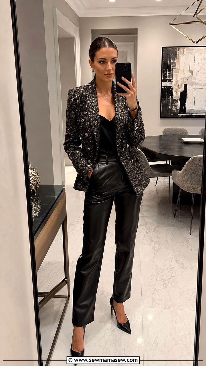 Tweed Blazer With Leather Pants and Pointed Toe Heels - 25 Tweed blazer outfit ideas with heels