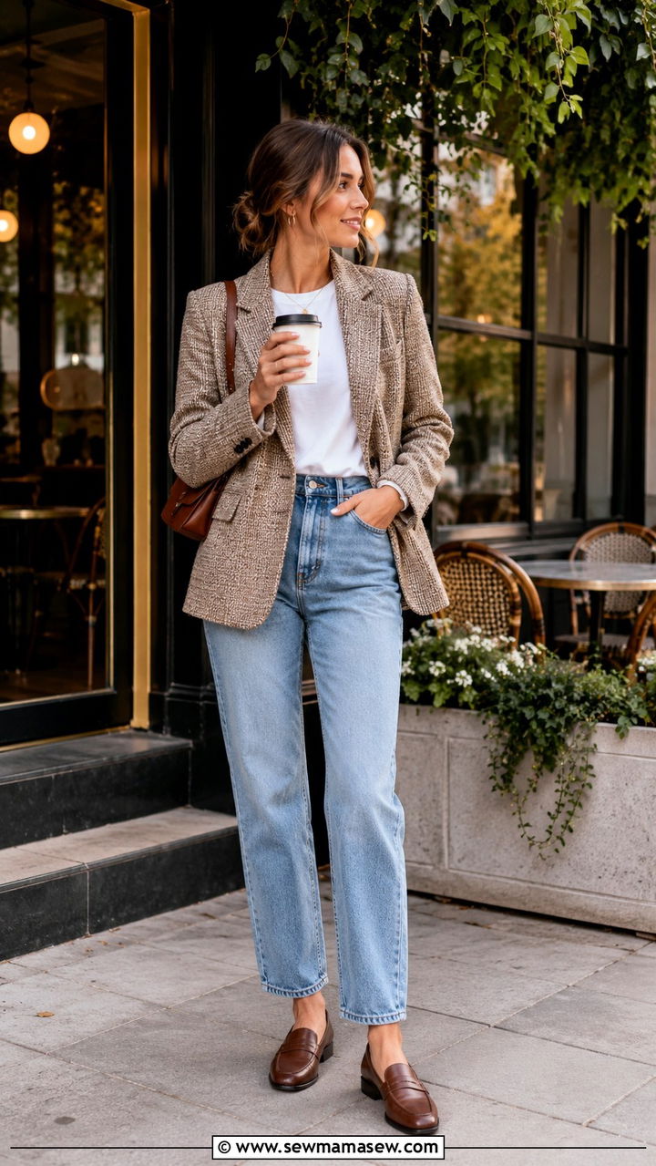 Tweed Blazer With Mom Jeans And Penny Loafers - 30 Tailored blazer outfit ideas with jeans