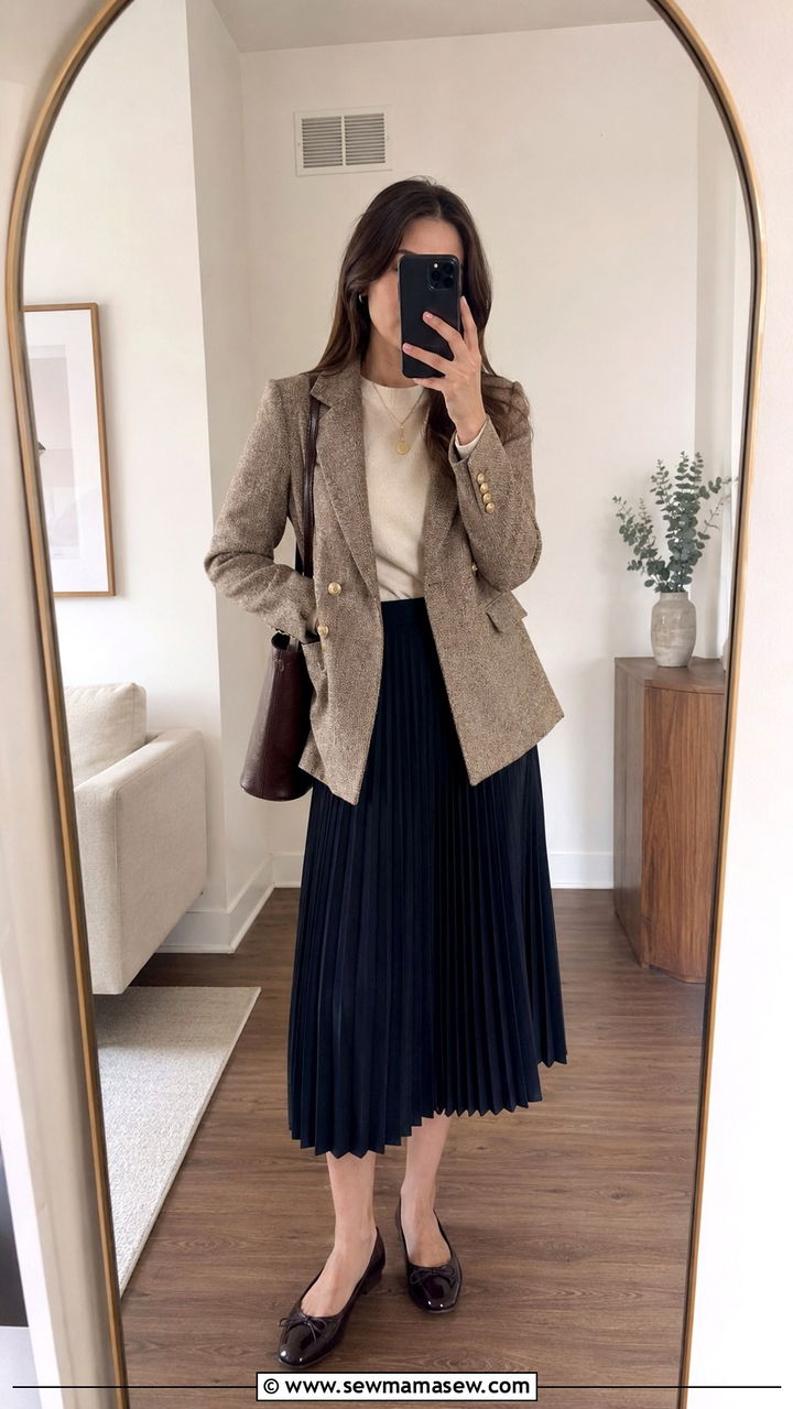 Tweed Blazer With Pleated Midi Skirt And Ballet Flats - 30 Preppy work outfits