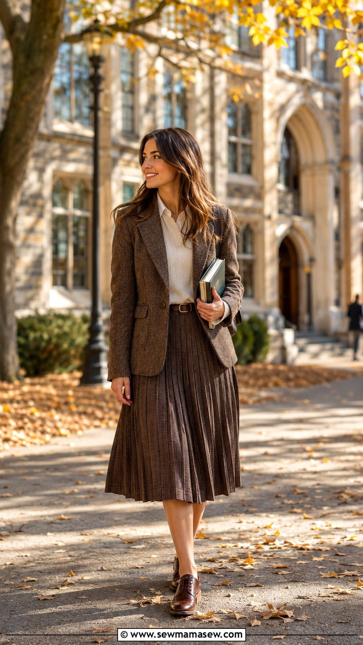 Tweed Blazer With Pleated Midi Skirt And Oxfords - 25 Professor outfit ideas