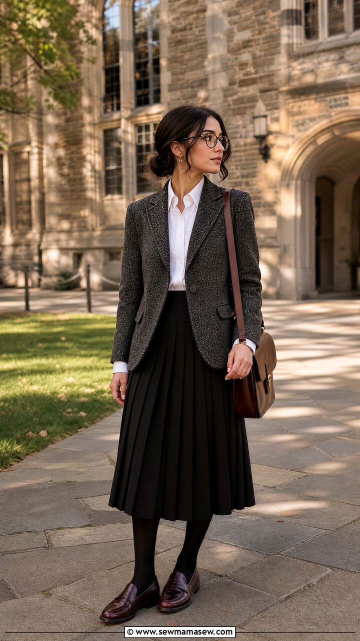 Tweed Blazer With Pleated Midi Skirt Librarian Outfit - 25 classy librarian core outfits