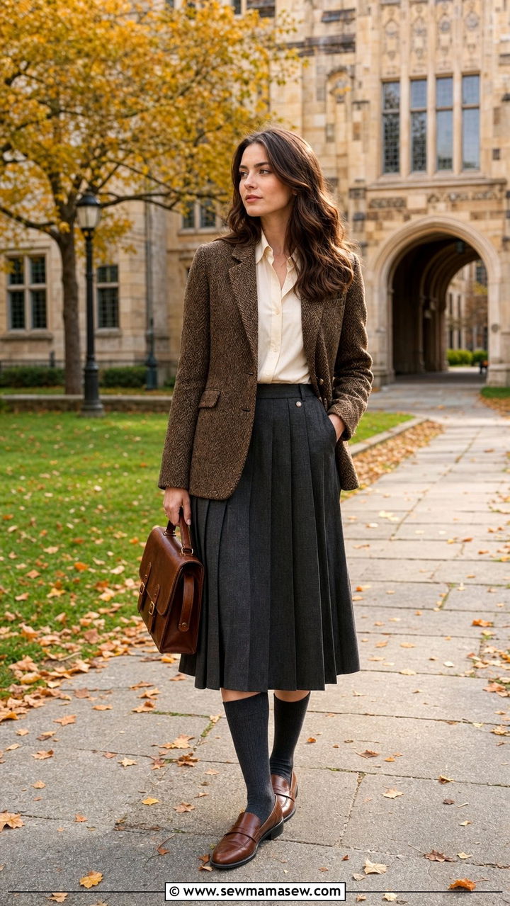 Tweed Blazer With Pleated Skirt And Loafers - 25 dark academia outfits aesthetic