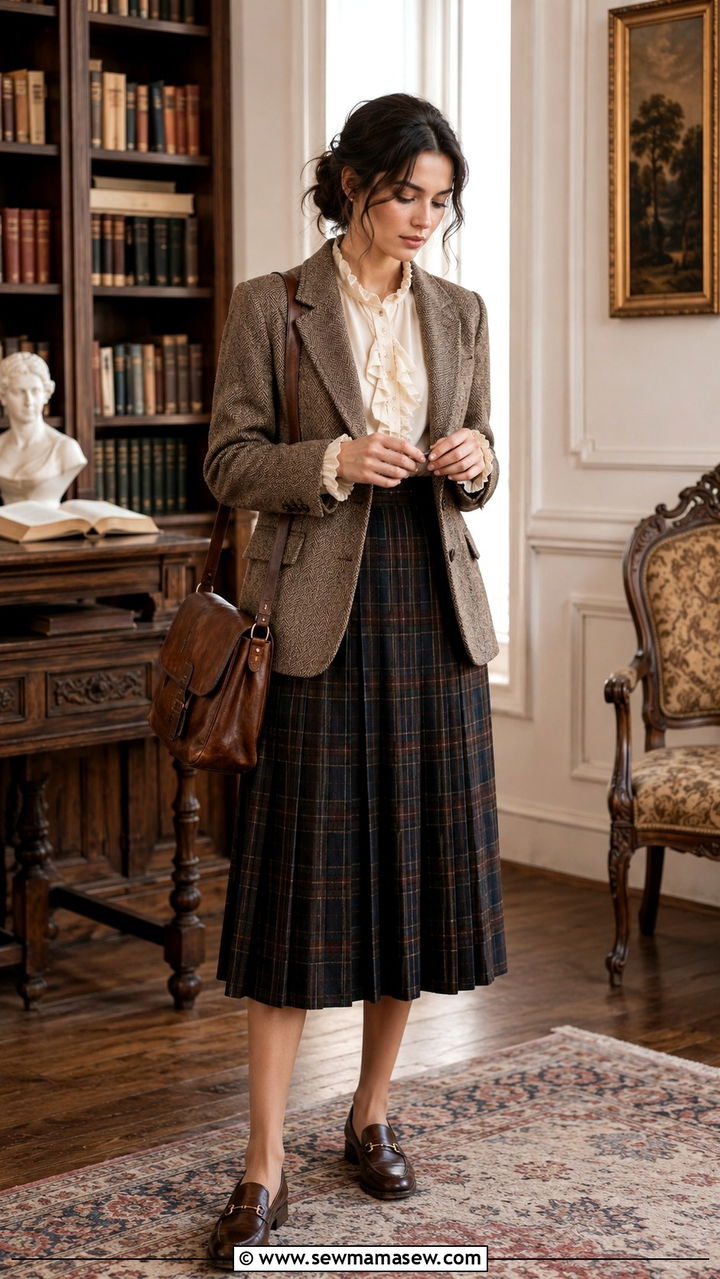 Tweed Blazer With Ruffled Blouse and Pleated Midi Skirt - 20 Poetcore outfit ideas Dead Poets Society vibe