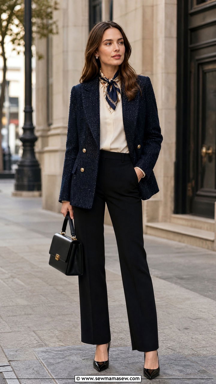 Tweed Blazer With Silk Twill Scarf And Black Straight Leg Trousers - 35 Modern office outfit ideas