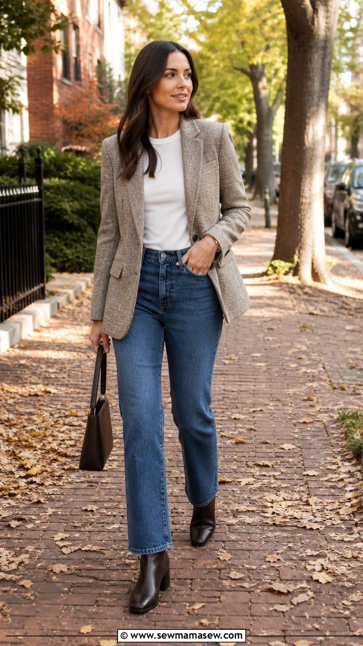 Tweed Blazer With Simple Tee And Straight Leg Jeans - 40 casual blazer outfits