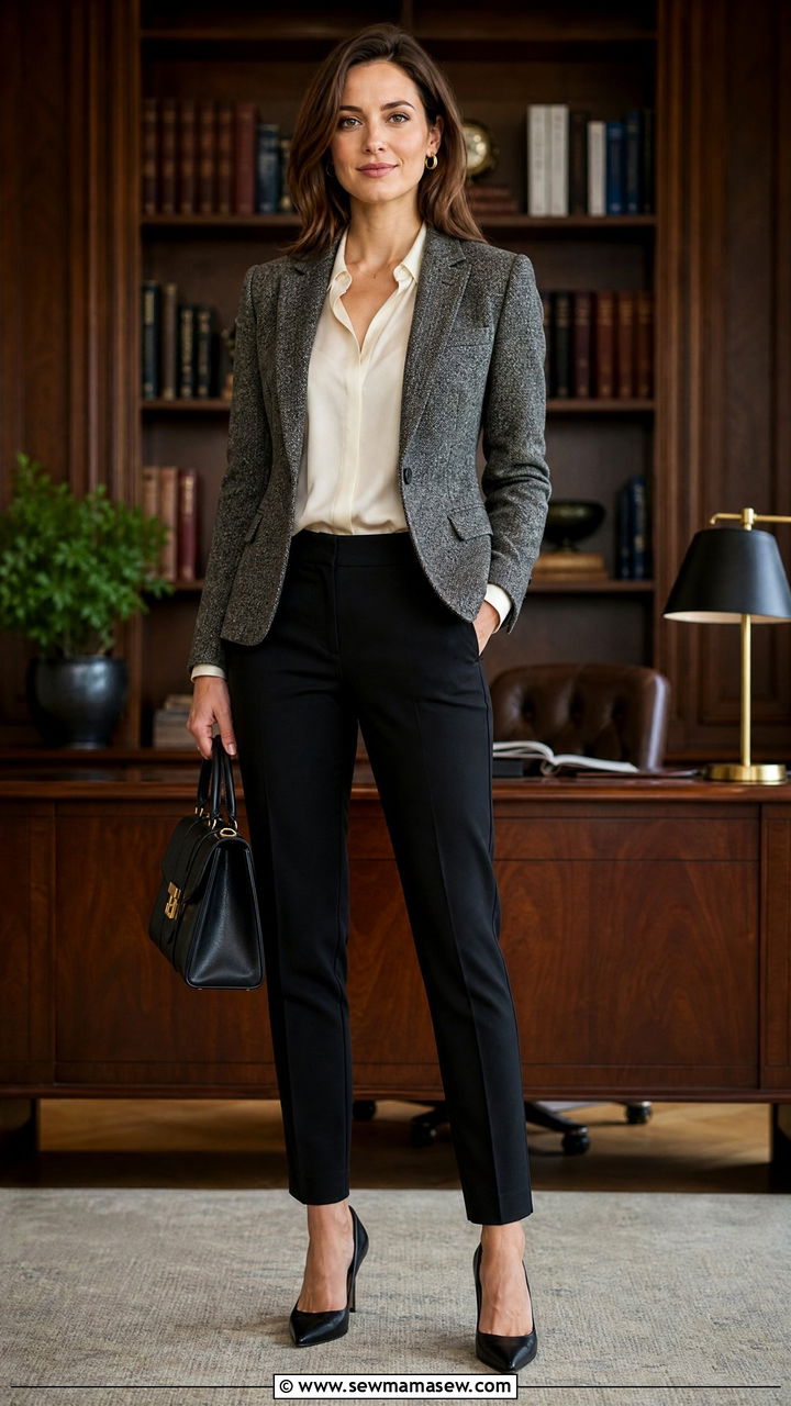 Tweed Blazer With Slim Trousers Meeting Look - 30 Client meeting outfit ideas