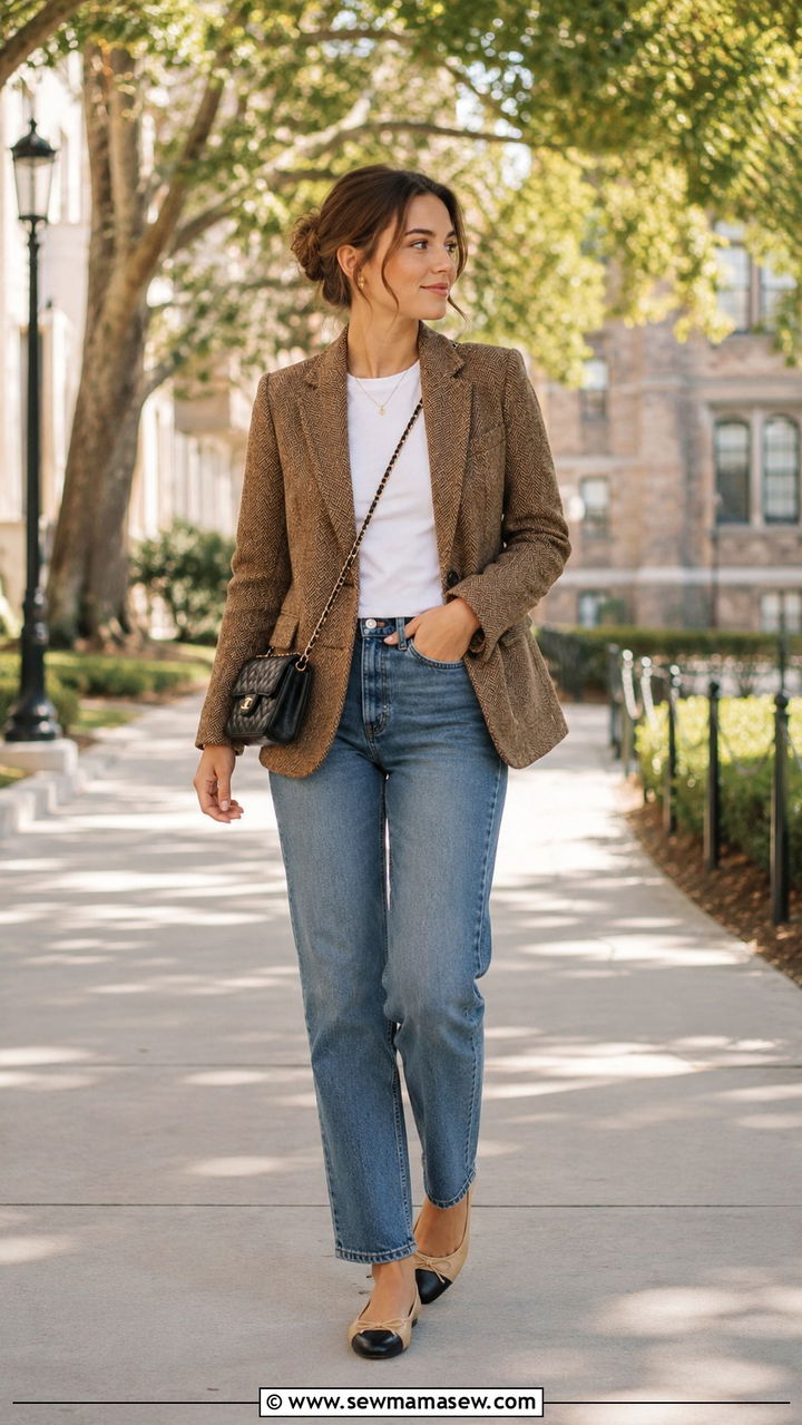 Tweed Blazer With Straight Leg Jeans And Ballet Flats - 25 Preppy outfit ideas for college
