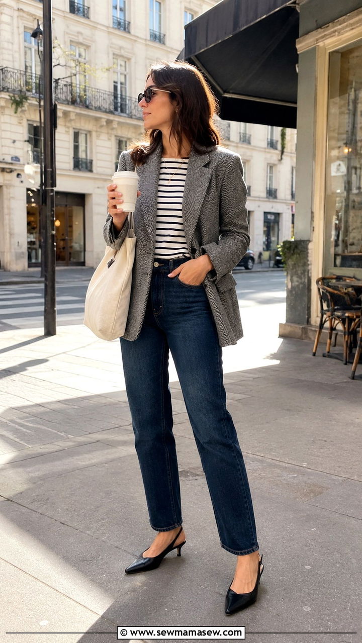 Tweed Blazer With Straight Leg Jeans and Kitten Heel Slingbacks - 25 Tweed blazer outfit ideas with heels