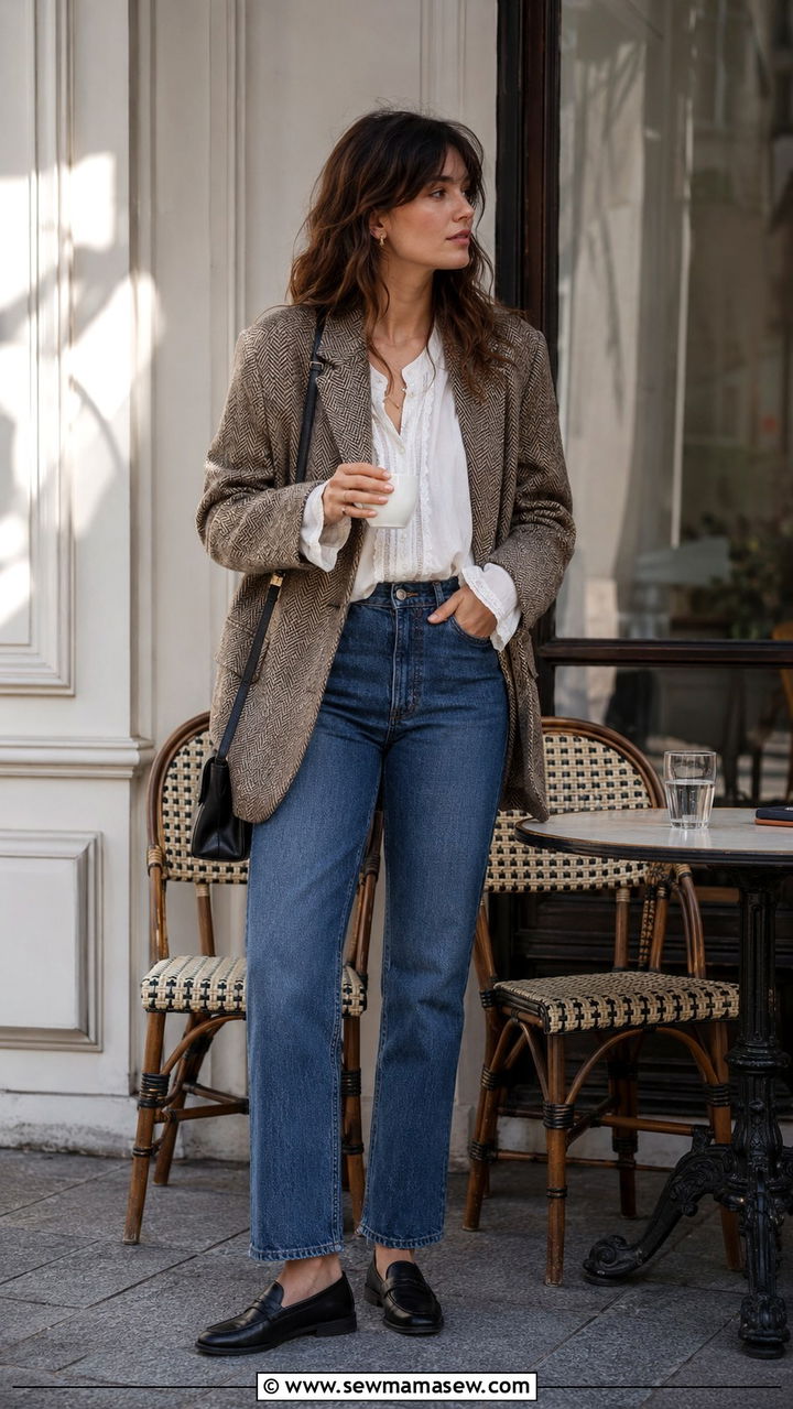 Tweed Blazer With Straight Leg Jeans and a Cotton Poet Blouse - 30 casual poetcore outfits