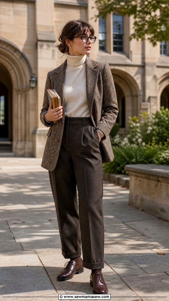 Tweed Blazer With Tailored Trousers Outfit - 35 librarian core outfits
