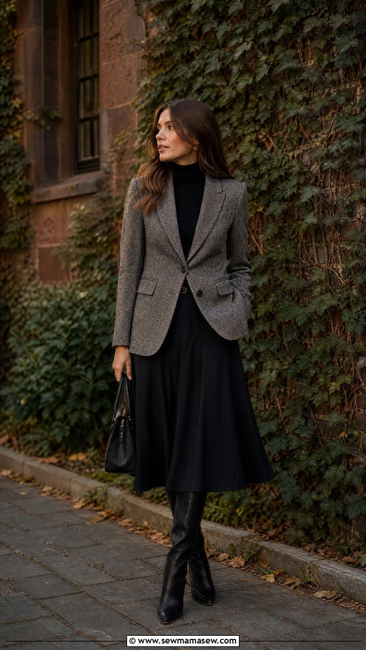 Tweed Blazer With Turtleneck And Midi Skirt - 35 Ivy league outfit ideas