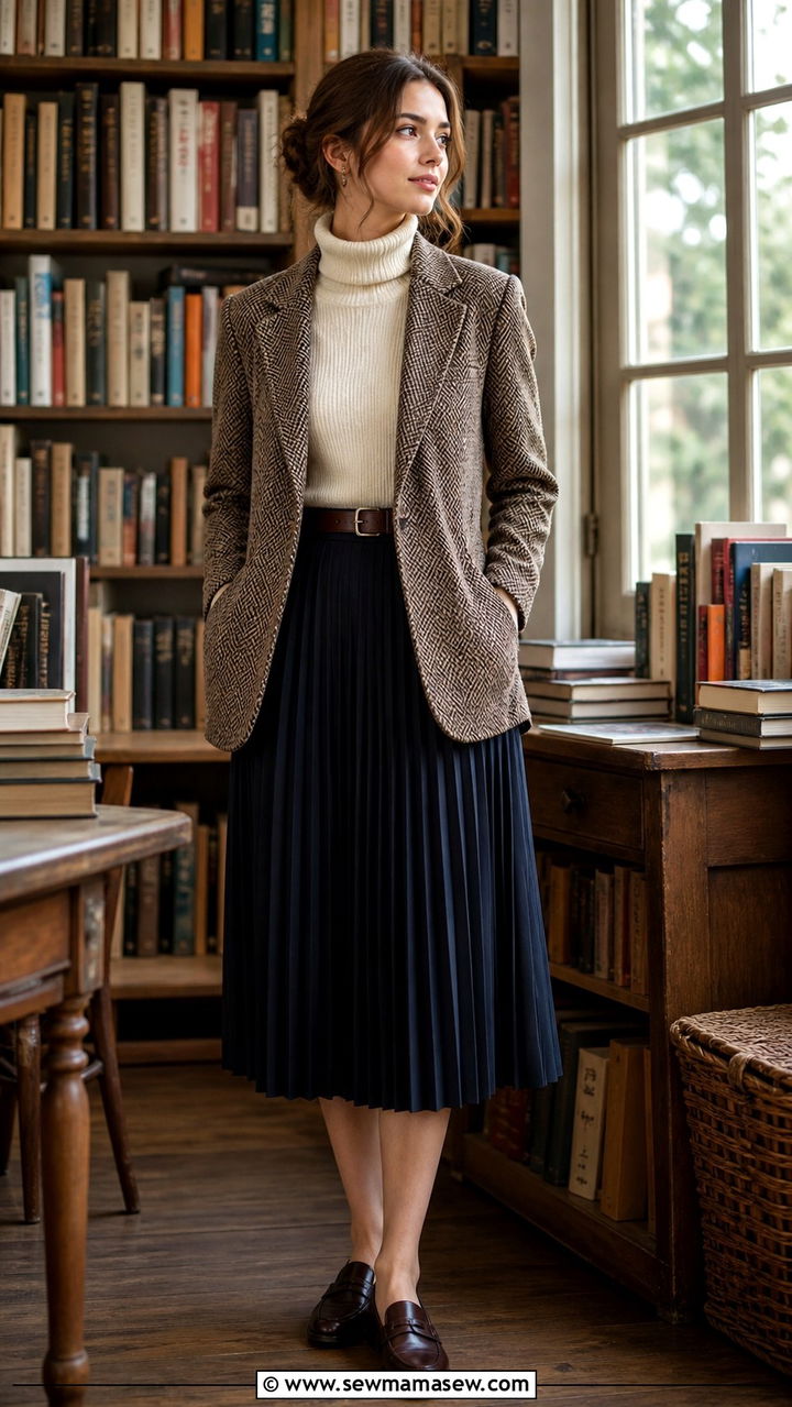 Tweed Blazer With Turtleneck And Pleated Skirt Outfit - 20 cute poetcore outfits