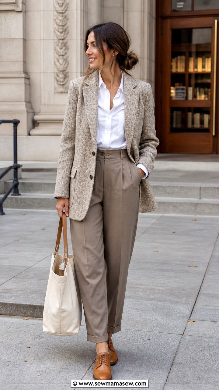 Tweed Blazer With White Button Down Shirt And Tailored Trousers - 40 light academia outfits for women