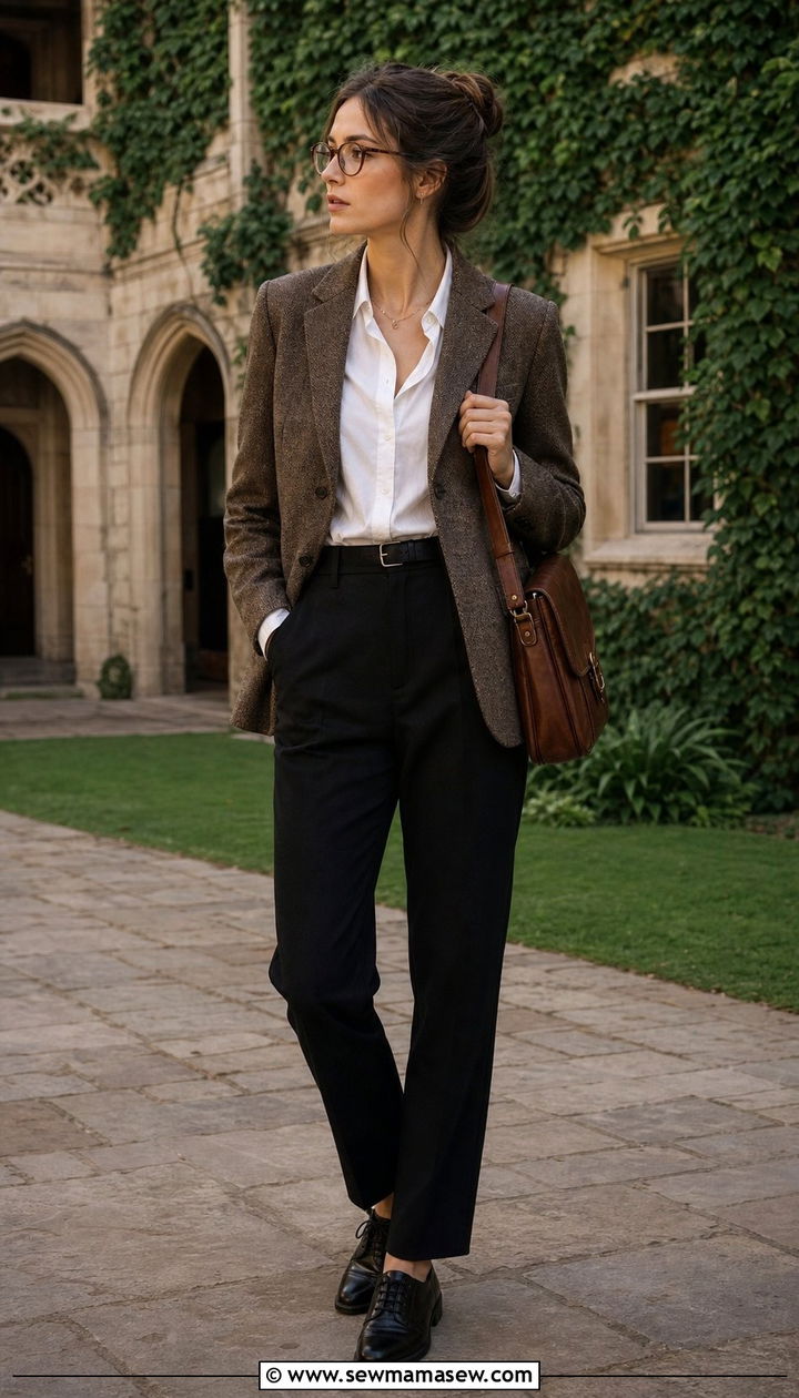 Tweed Blazer With White ButtonUp And Black Trousers - 25 dark academia capsule wardrobe outfits